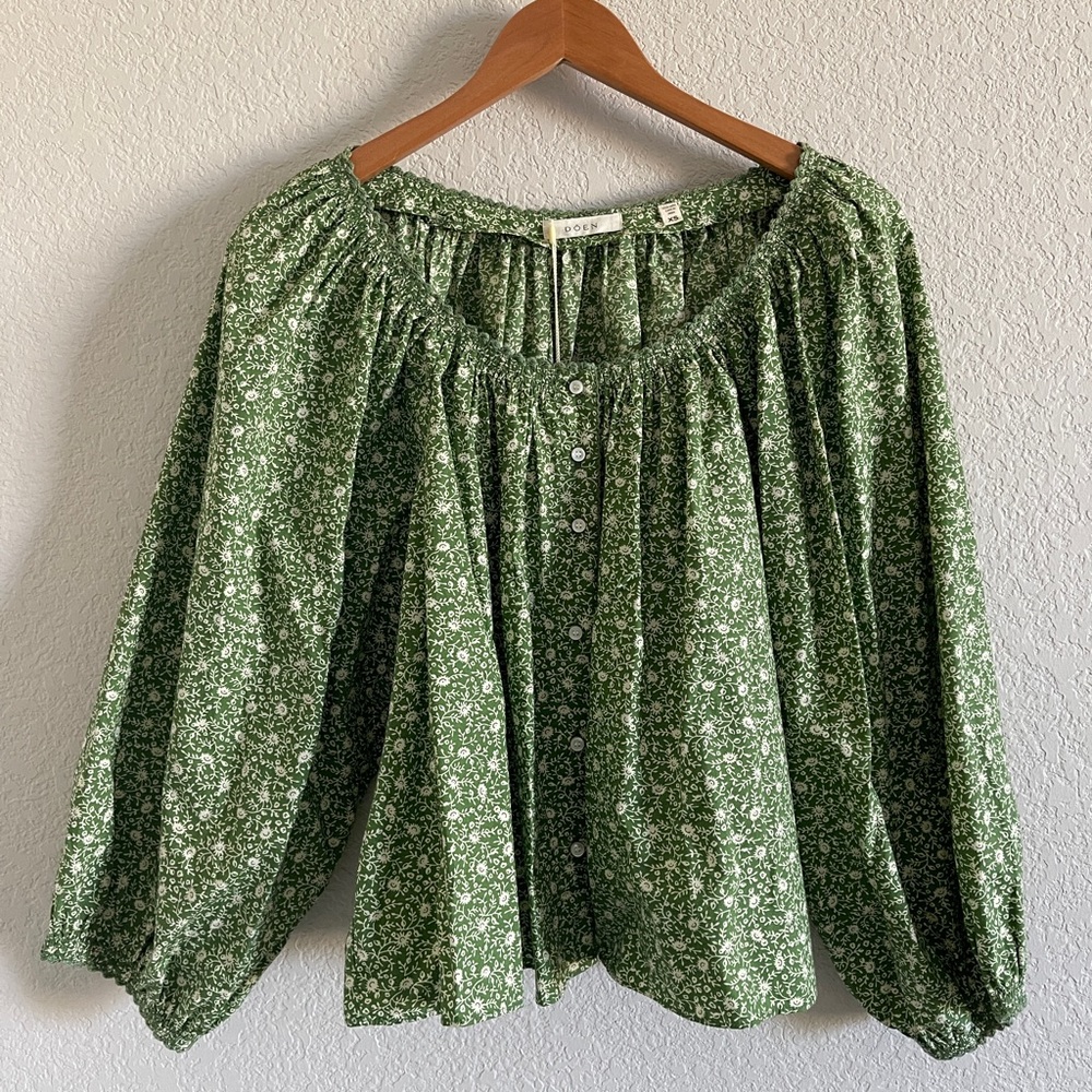 Doen Light Green Floral Square-Neck Puff Sleeve Blouse - Picture 3 of 7